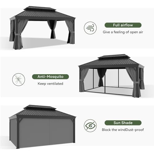 Aoxun 12' x 16' Permanent Hardtop Aluminum Gazebo with Double Roof, Curtains & Netting Gray