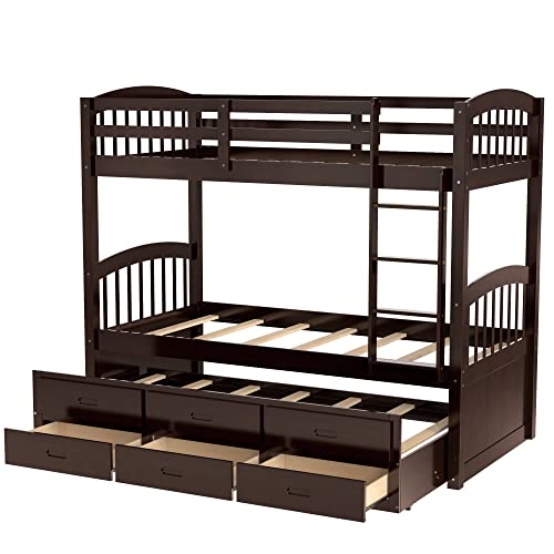 Merax Twin Over Twin Bunk Bed with Trundle & Drawers Espresso
