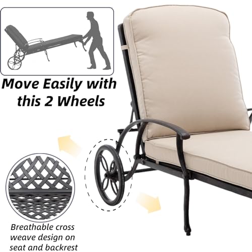Luccalily Chaise Lounge Patio Chair Set of 2 with Wheels, Adjustable Reclining, Rust-Resistant Aluminum, Waterproof Beige Cushion