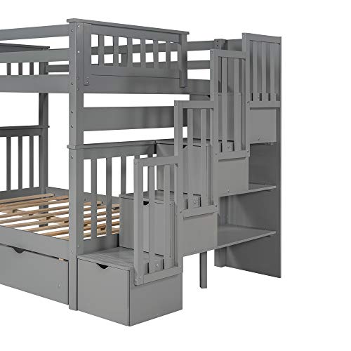 Harper & Bright Designs Full Over Full Bunk Bed with Storage Drawers and Stairway Grey