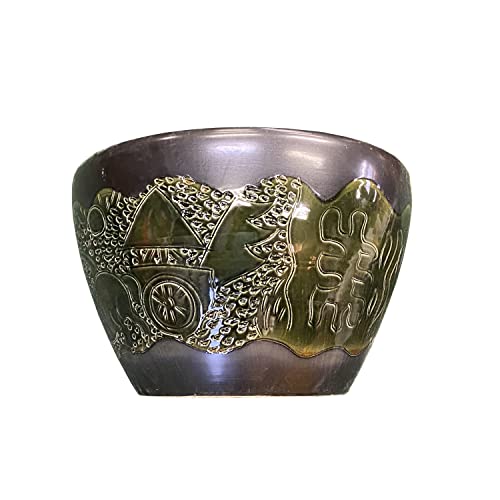 Orientliving Chinese Dark Gray Black Ceramic Motif Pattern Accent Pot Planter Black