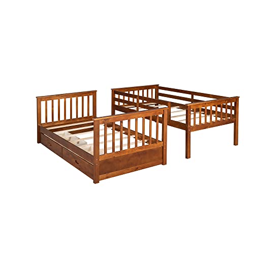 Jintop Twin-Over-Twin Bunk Bed with Ladders & Storage Drawers Walnut