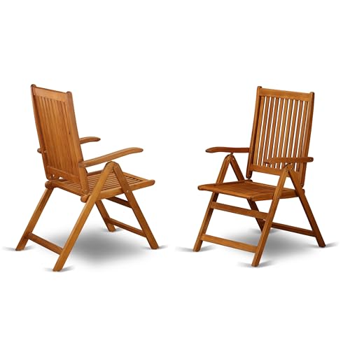 East West Furniture 9 Piece Outdoor Patio Dining Set Rectangle Acacia Wood Table & 8 Folding Adjustable Arm Chairs Natural Oil