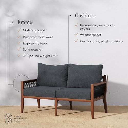 Nathan James Freya Bohemian Wood Loveseat Dark Acacia Wood/Dark Gray Cushion