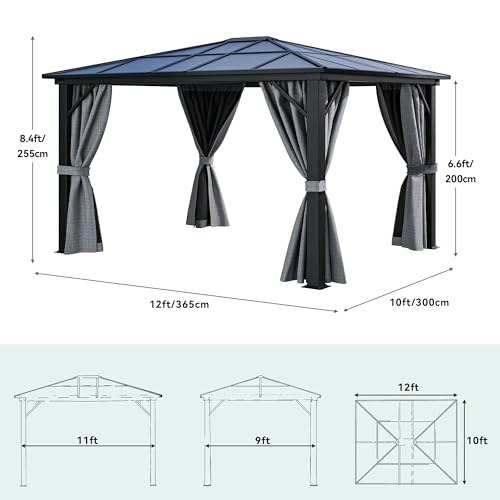 DWVO 10x12ft Polycarbonate Hardtop Gazebo with Netting and Curtains Gray Single Roof