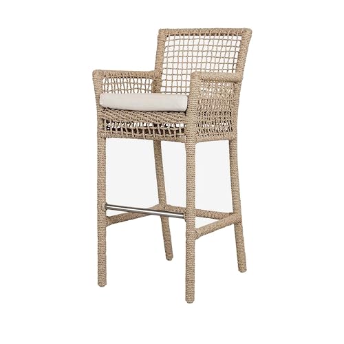 Benzara 31 Inch Outdoor Bar Stool Chair, Rope Woven, Ivory Olefin Fabric Seat, Brown