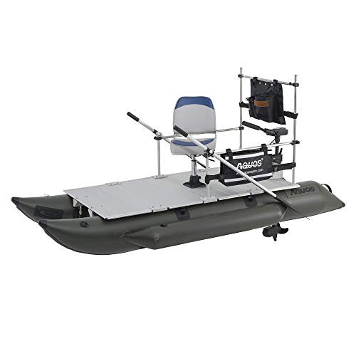 AQUOS Heavy-Duty 10.2ft Inflatable Pontoon Boat with Stainless Steel Guard and Folding Seat, Transom Hand Control 12V 65LBS Trolling Motor