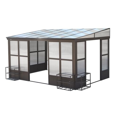 ANTSKU 10x14FT Wall Mounted Sunroom with Detachable Windows, Aluminum Solarium, Dark Brown