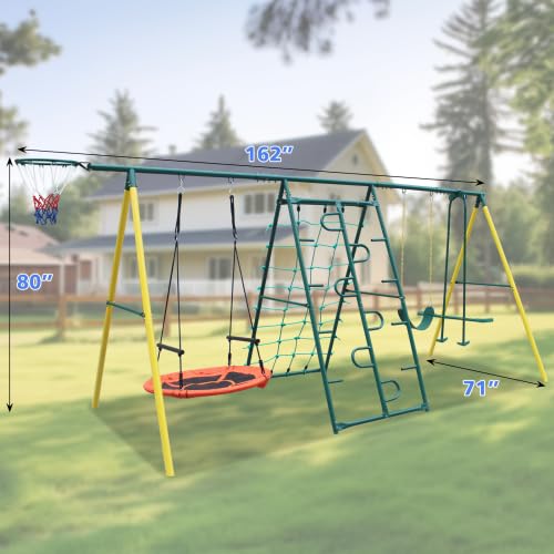 HaoKang 6-in-1 Metal Swing Set with Saucer, Belt, Glider, Net & Hoop Green