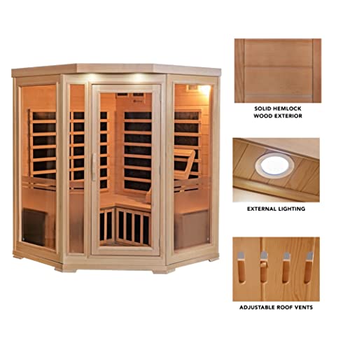 Heat Wave 3 Person Sauna Corner Fitting Infrared FIR FAR 7 Carbon Heaters Hemlock Wood MP3 Player 2 Speakers Color Therapy Light LED Control Panel Wood