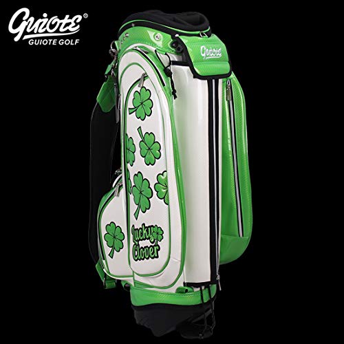 Guiote Golf Stand Bag Pu Leather Golf Carry Bag Embroidery Series 8-Ways 9.0" White Lucky Clover
