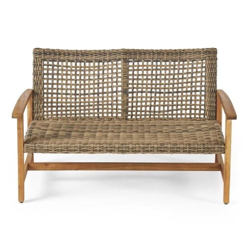 Noble House Breakwater 5-Piece Outdoor Wood and Wicker Loveseat Set Grey