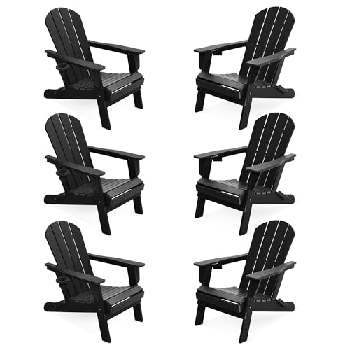 LOUNZY Folding Adirondack Chair Set of 6 All-Weather with Cup Holders Black