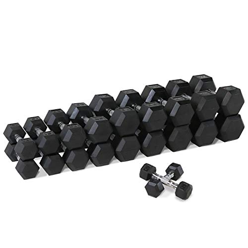 WF Athletic Supply Rubber Coated Hex Dumbbell Set with Rack and Mat - Dumbbells Only 5-50LB with 2-tier Rack and Mat