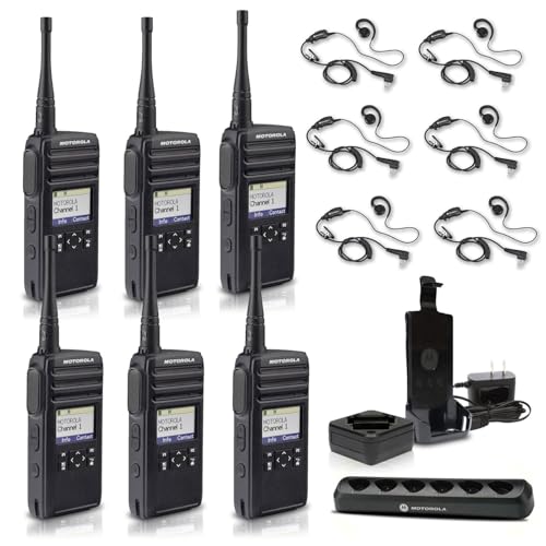 Motorola Solutions DTR700 Digital 2-Way Radio with Multi-Unit Charger & 6 PTT Earpieces Black