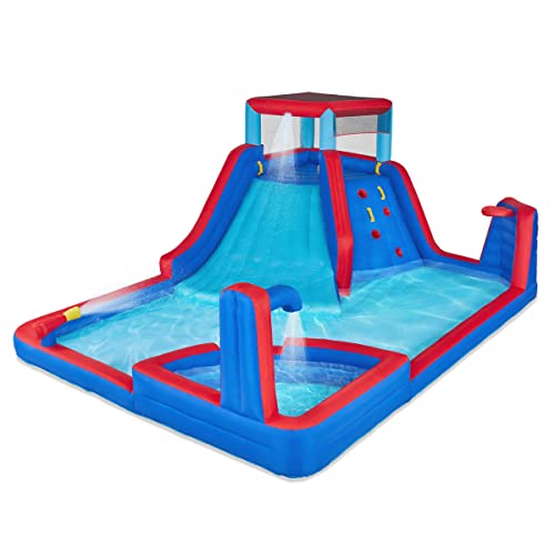 SUNNY & FUN Four Corner Inflatable Water Slide Park with Climbing Wall & Deep Pool Blue/Red