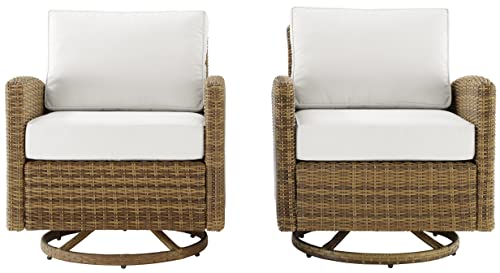 Crosley Furniture Bradenton 2-Piece Wicker Swivel Rocker Chair Set Brown with Sunbrella White Cushions