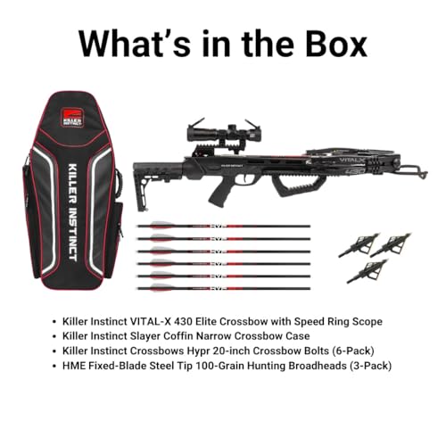 Killer Instinct Vital X 430 Elite Crossbow Archery Kit with Speed Ring Scope, Narrow Case, Bolts & Broadheads Black