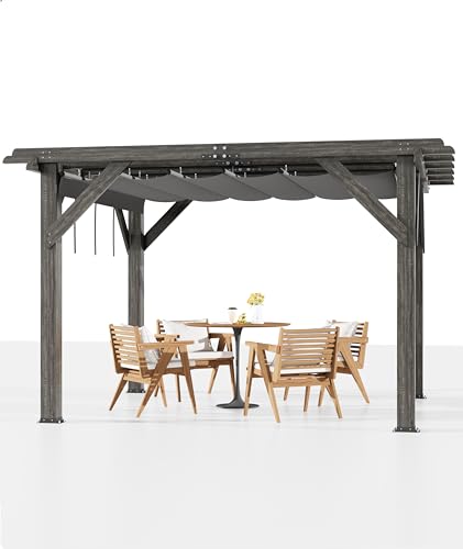 DEXSO 10' x 12' Cedar Wood Pergola with Retractable Shade Canopy Charcoal Gray