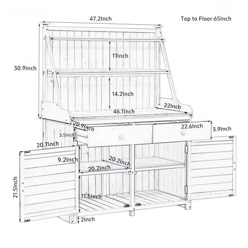 ChicFurnit Fir Wood Garden Potting Bench Table 65-inch Workstation with Storage Shelf Drawer Cabinet White