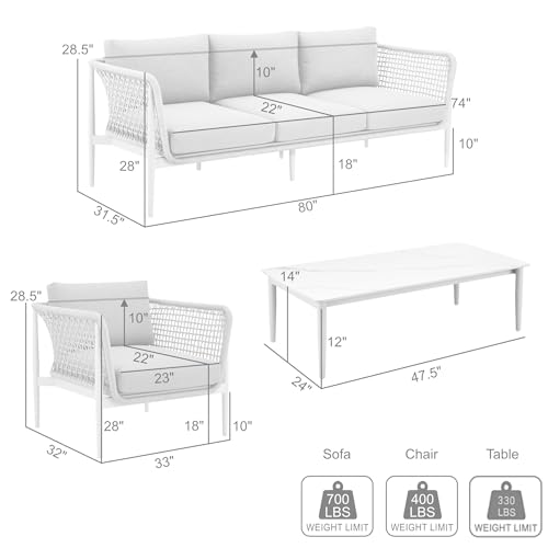 Armen Living Rhodes Outdoor Patio 4 Piece Conversation Set Aluminum Sintered Stone Light Gray