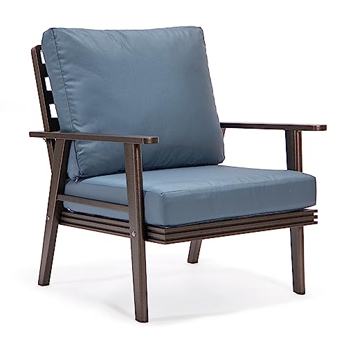 LeisureMod Walbrooke Modern 3-Piece Outdoor Set with Brown Aluminum Frame and Cushions Navy Blue