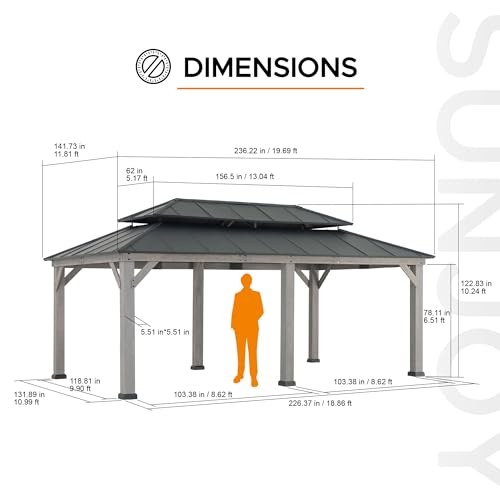 Sunjoy 12x20 ft. Wood Gazebo with Aluminum Hardtop, Cedar Frame, 2-Tier Roof, Matte Black + Gray Wood