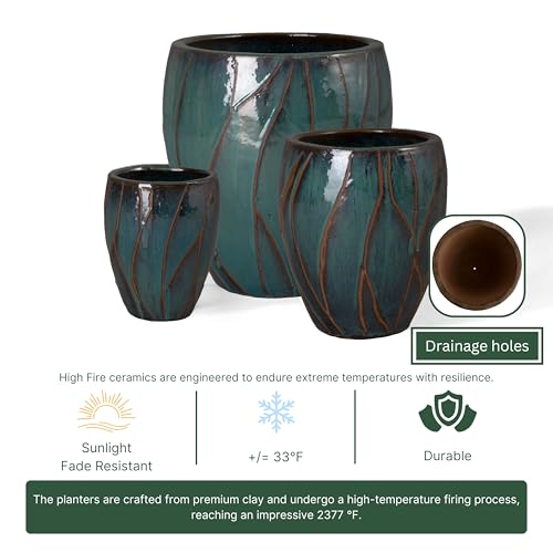 Emissary Teal Stoneware Round Planters 20in x 22in (Set of 3)