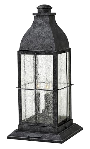 Hinkley Bingham Large Pier Mount Outdoor Lantern - Aluminum, Clear Seedy Glass, Gas Light Style - Greystone Finish