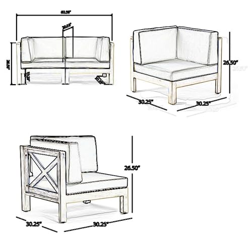 Benzara Ony Outdoor Loveseat with Detachable Acacia Wood Chairs and White Cushions White and Brown
