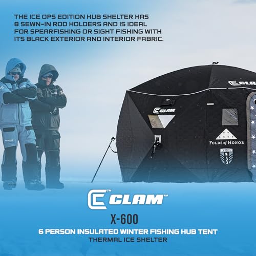 CLAM Thermal Ice Shelter 6 Person Insulated Winter Fishing Hub Tent X-600 Portable Popup Heated Camping House Black Ice Ops