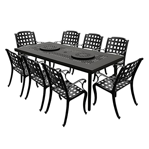 Oakland Living Modern Ornate Outdoor Aluminum Dining Set with Two Lazy Susans and Eight Chairs Black