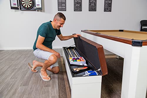 Hathaway Newport 7-ft Pool Table Tennis Combination with Dining Top, Two STO Newport II 7-ft Pool Table Combo Set with Benches - White with Camel Felt - Walnut