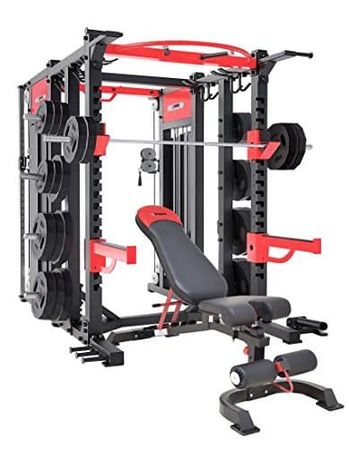 MiM USA Commercial Smith Machine Functional Trainer & Power Rack Black Red
