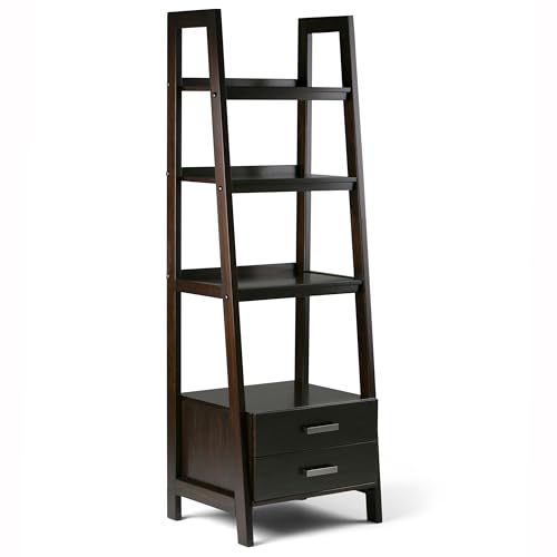SIMPLIHOME Sawhorse 24" Solid Wood Ladder Shelf Dark Chestnut Brown