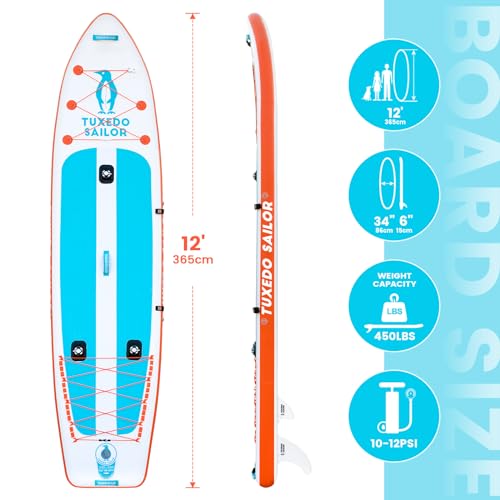Tuxedo Sailor Inflatable Fishing Kayak Ultra Long Weight Capacity 450lbs Stand Up Paddle Board White/Blue/Orange 3
