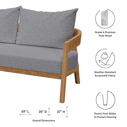 Modway Brisbane Modern Teak Wood Fabric Patio Loveseat Natural Gray