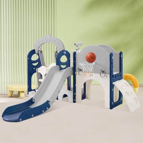 KOZYSFLER 8-in-1 Toddler Slide and Swing Set with Basketball Hoop Grey/Blue/White