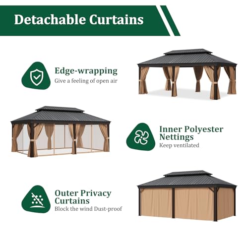 Sonegra 12' x 20' Permanent Hardtop Gazebo with Aluminum Frame and Double Roof Brown
