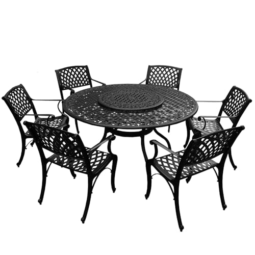 Oakland Living Modern Ornate Outdoor Mesh Aluminum 59-in Round Patio Dining Set with Lazy Susan and Six Chairs Black
