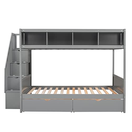 BOVZA Twin Over Full Bunk Bed with Storage Shelves, Drawers & Staircase Grey