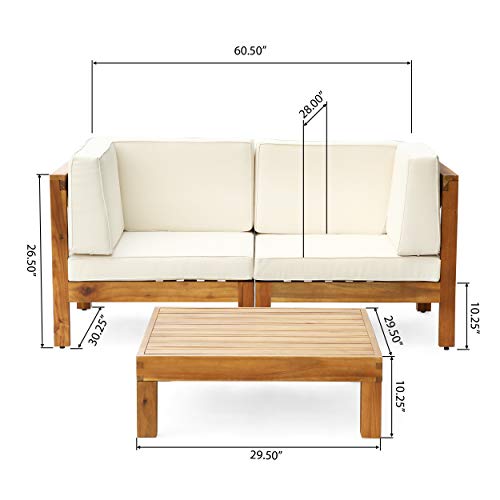 Great Deal Furniture Outdoor Sectional Loveseat Set with Coffee Table 2-Seater Acacia Wood Water-Resistant Cushions Teak Finish + Beige