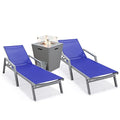 LeisureMod Marlin Grey Aluminum Outdoor Chaise Lounge Set with Fire Pit Table Navy Blue