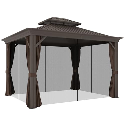 Outsunny 10' x 12' Hardtop Gazebo with Curtains and Netting Coffee