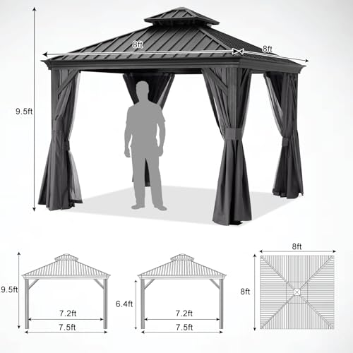 ABCCANOPY Hardtop Gazebo 8x8 Outdoor Metal Pavilion with Netting and Curtain Gray