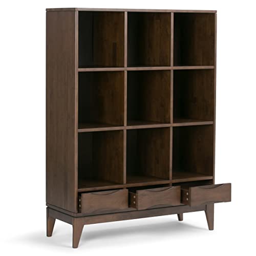 SIMPLIHOME Harper Solid Hardwood Mid Century Modern Cube Storage Bookcase with Drawers Walnut Brown