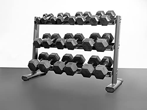 BK BodyKore Rubber Hex Dumbbell Set with 3 Tier Commercial Rack