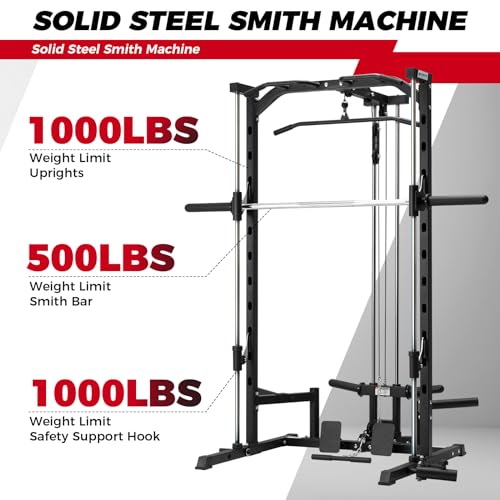 RitFit Smith Machine Power Rack with LAT-Pull Down System, Landmine, Barbell Bar, Plate Storage Pegs Black