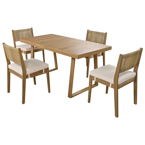 Merax Wood Outdoor Dining Table Set for 4 with Beige Cushions