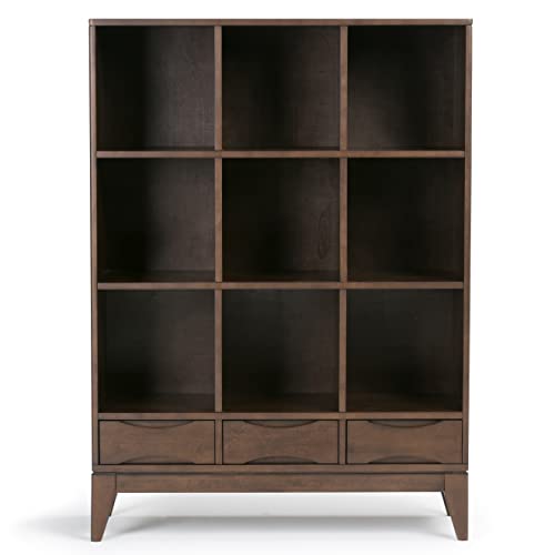 SIMPLIHOME Harper Solid Hardwood Mid Century Modern Cube Storage Bookcase with Drawers Walnut Brown